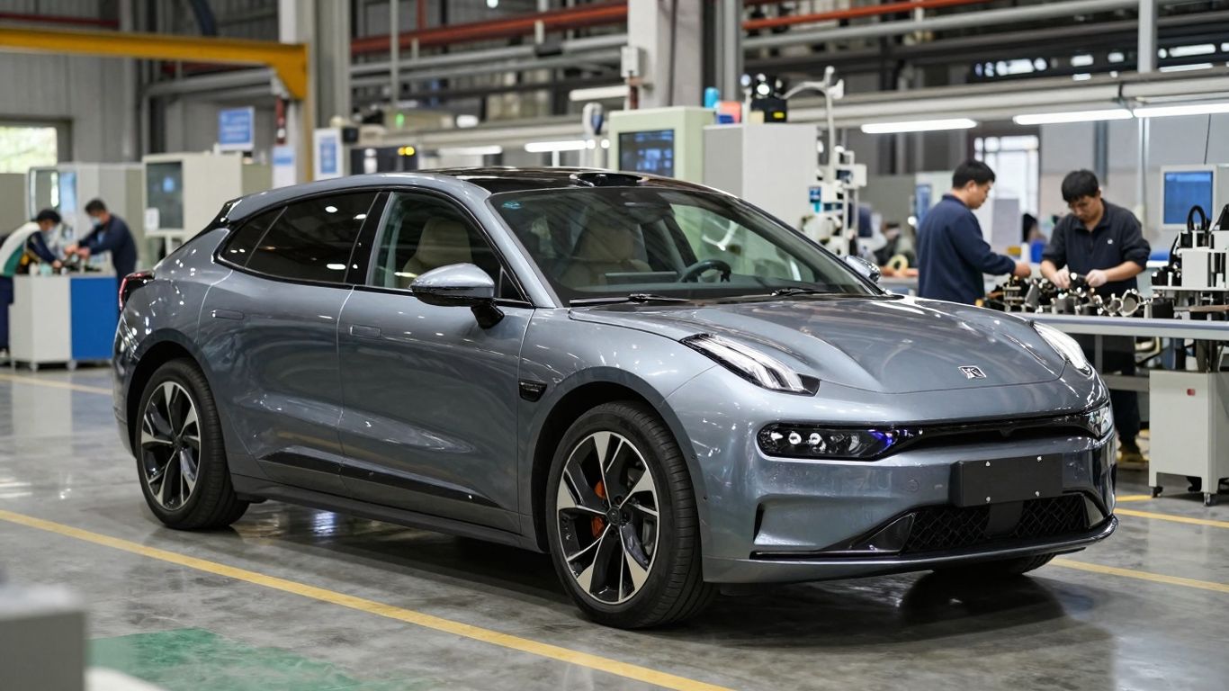 Electric car and factory workers assembling EV parts.