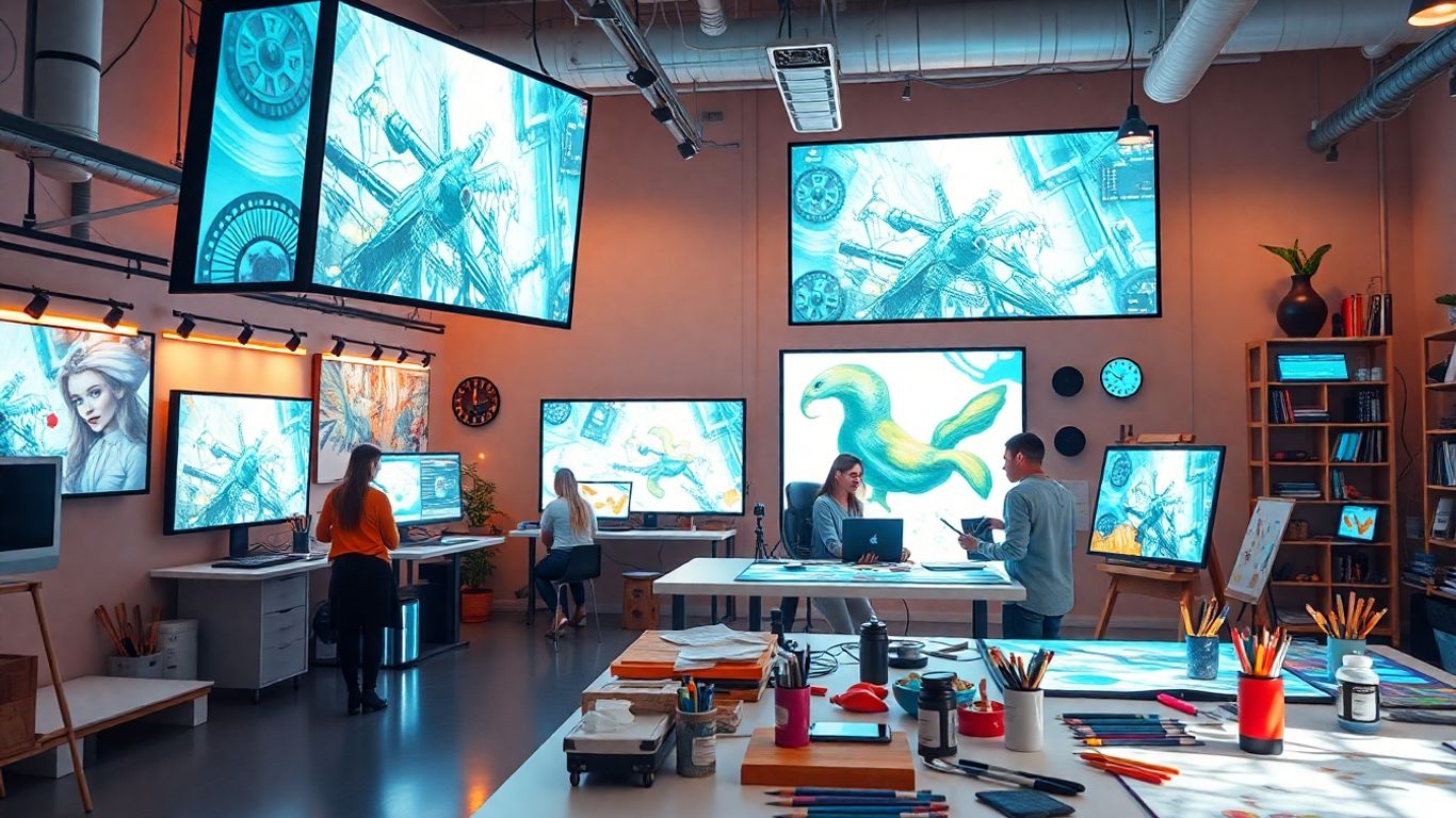 Creative studio with artists and futuristic digital art