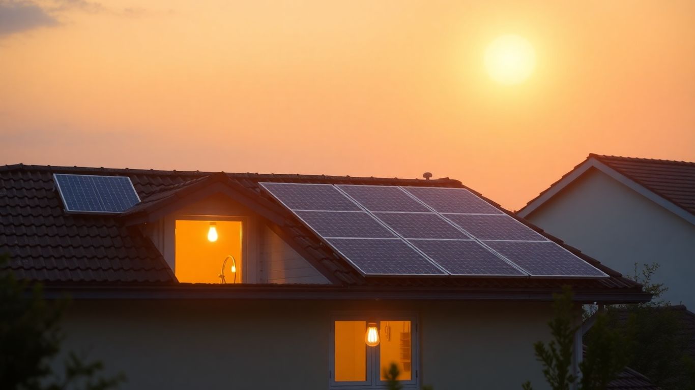 Panneaux solaires sur un toit, maison, ampoule.