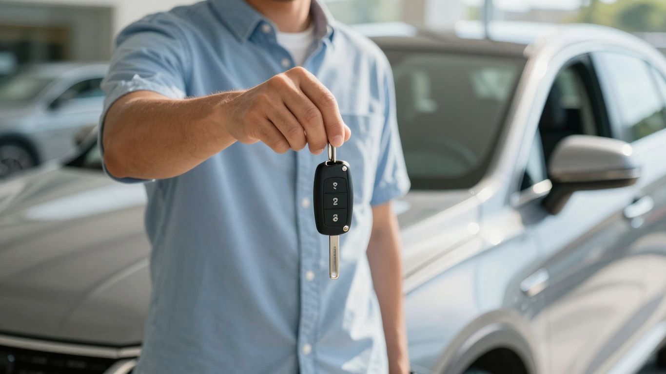 Person holding car keys in front of a new car.
