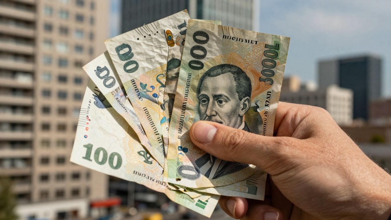 Mâini cu bani românești și clădiri moderne.