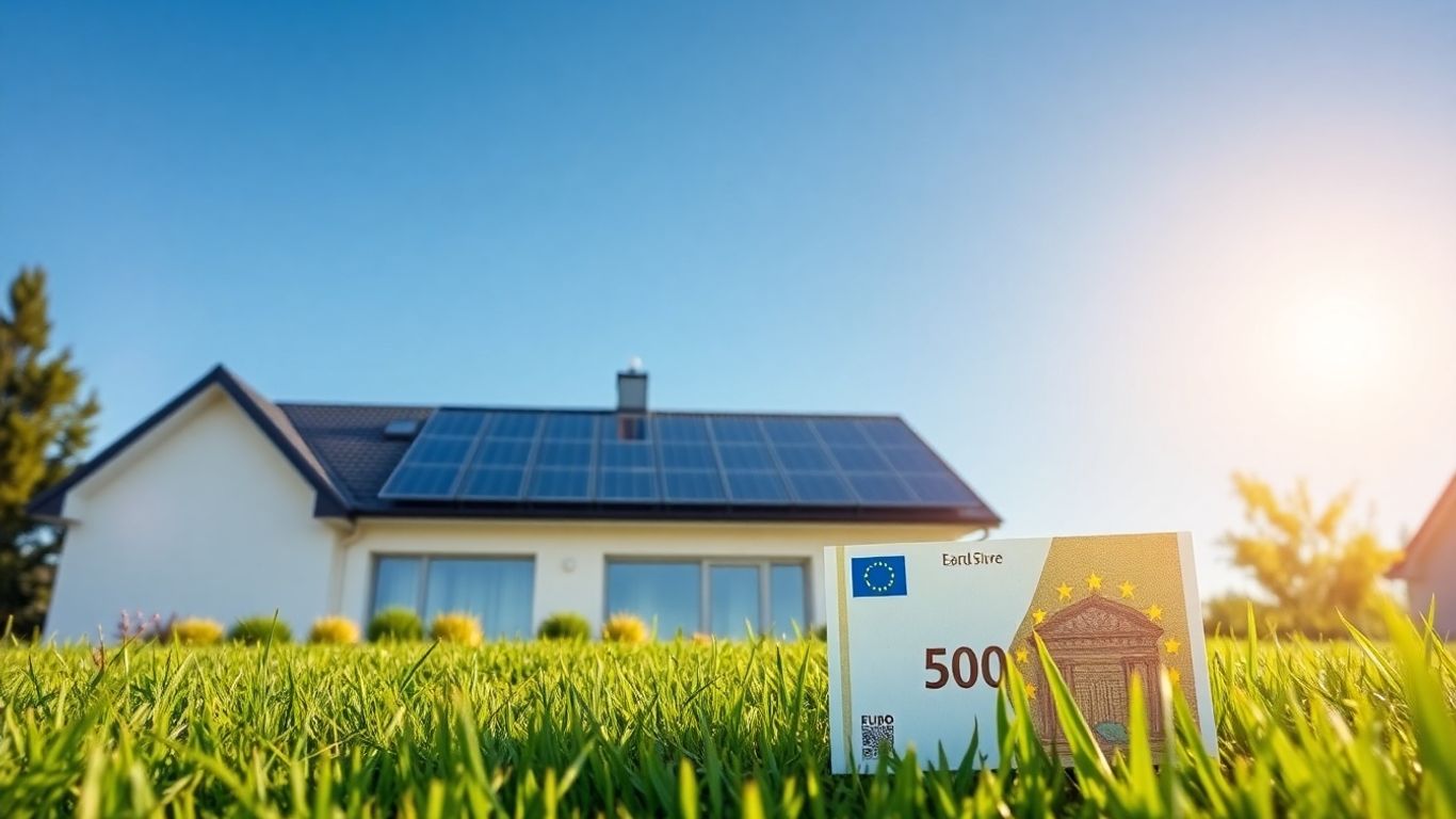 Modernes Haus mit Solarpanels und Euro-Scheinen