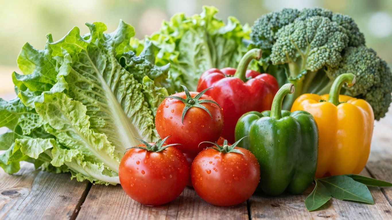 Legume proaspete și fructe organice pe o masă de lemn.