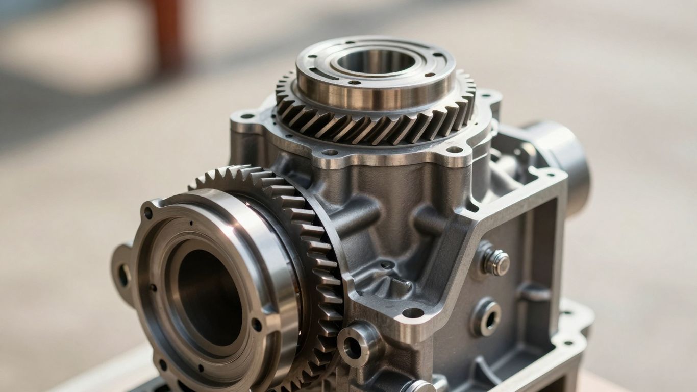 Automotive gearbox with polished metal gears.