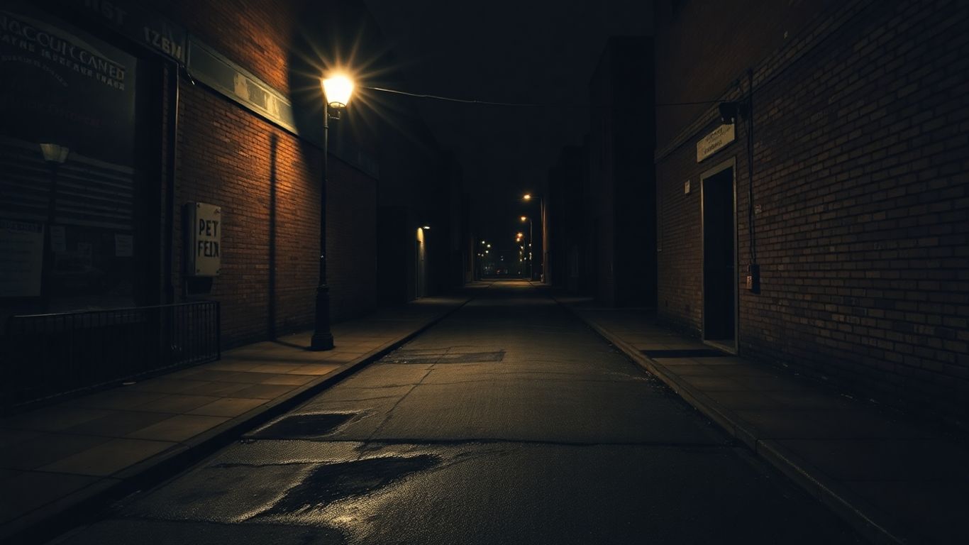 Gritty urban street at night under a flickering streetlamp.