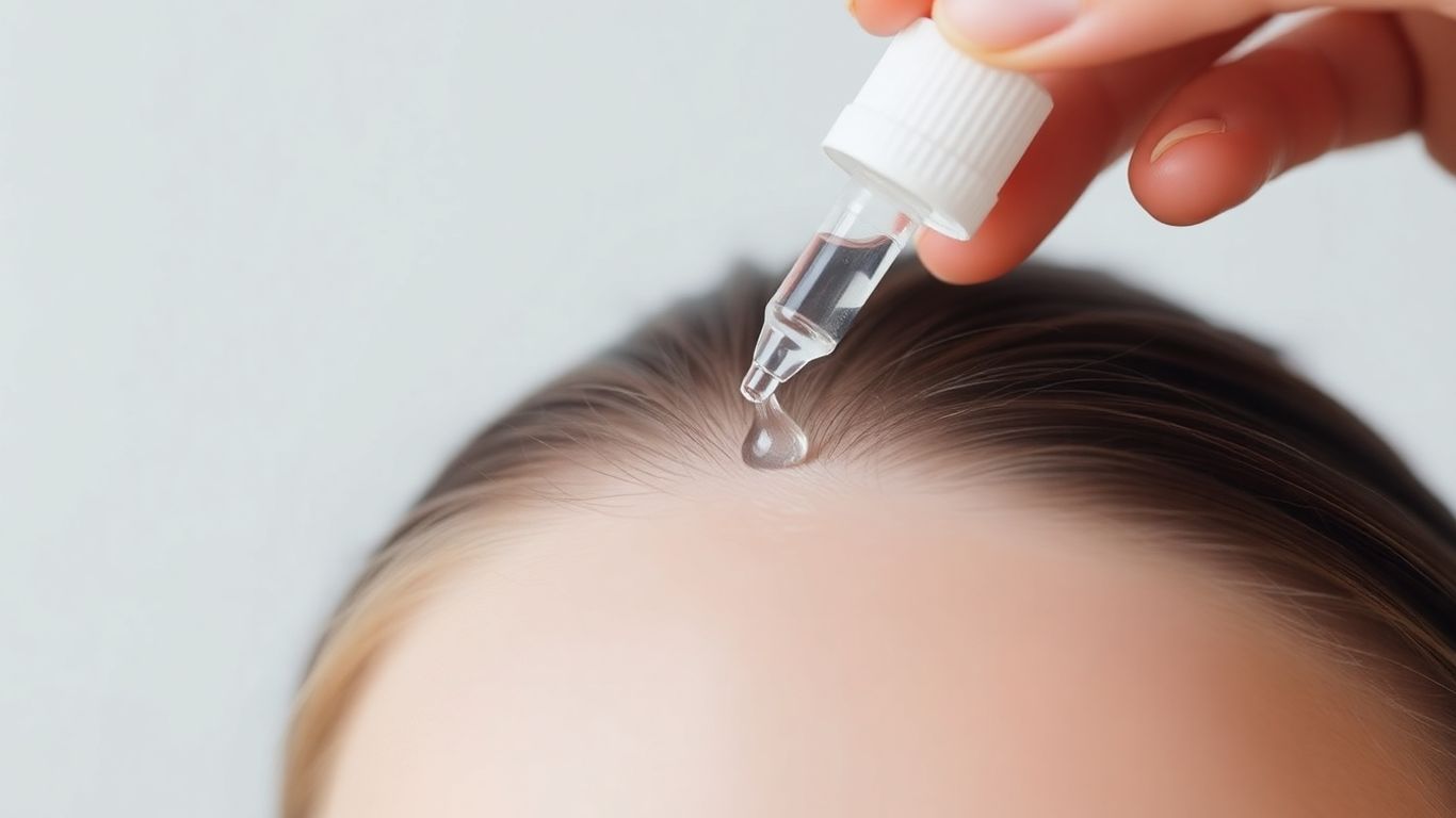 Applying minoxidil liquid to scalp for hair regrowth.