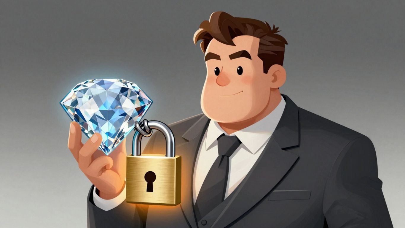Cartoon of wealthy person with diamond and money.
