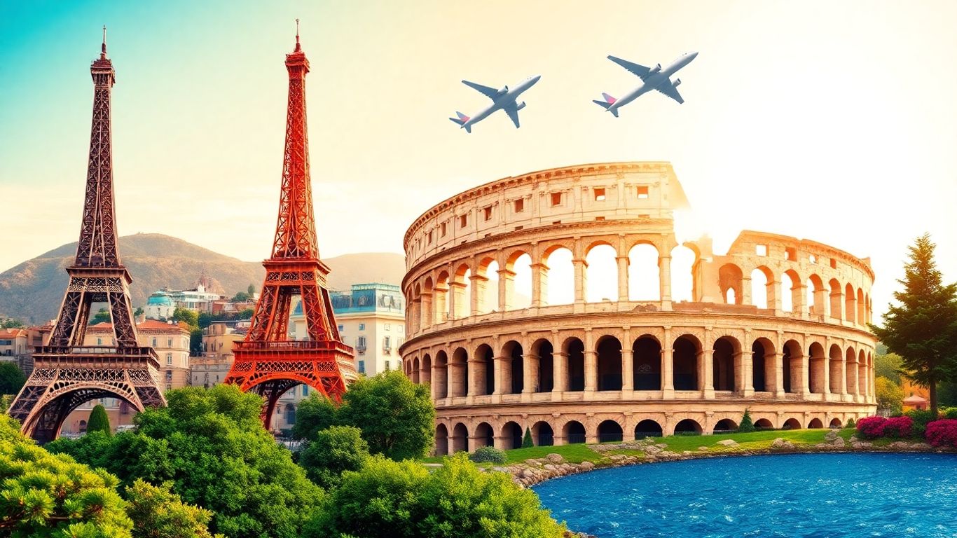 European landmarks and airplane symbolizing cheap flights.
