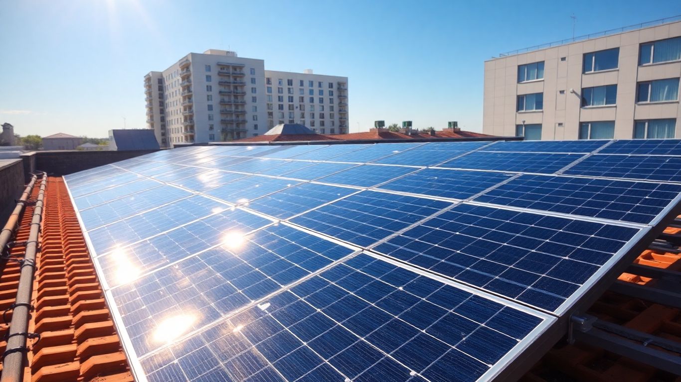 Solar panels on a roof with the sun.