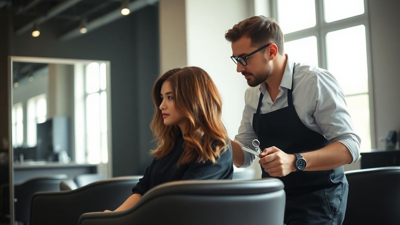 Client and stylist discussing haircut in a modern salon.