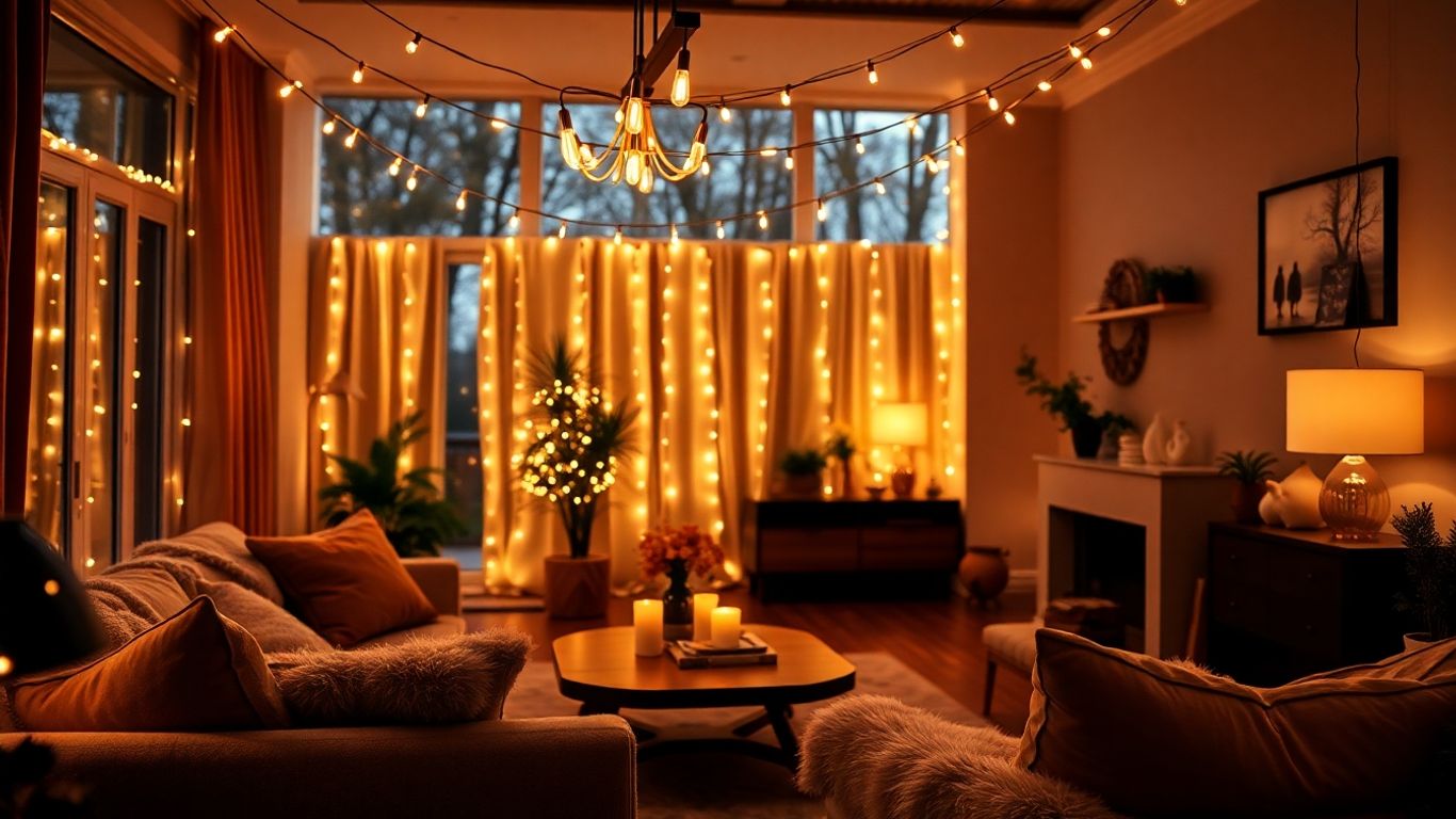 Modern decorative lights illuminating a cozy living room.