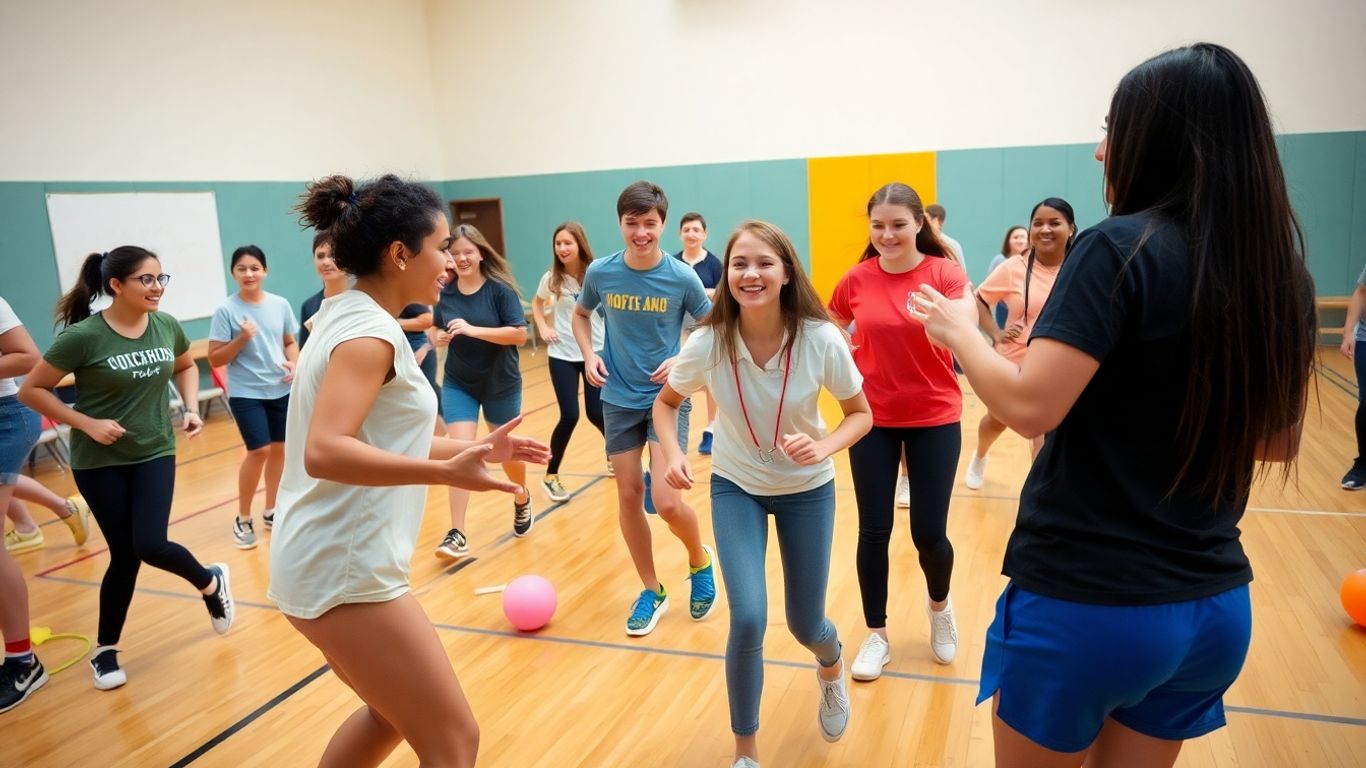 Jugendliche spielen begeistert Aufwärmspiele im Sportunterricht.