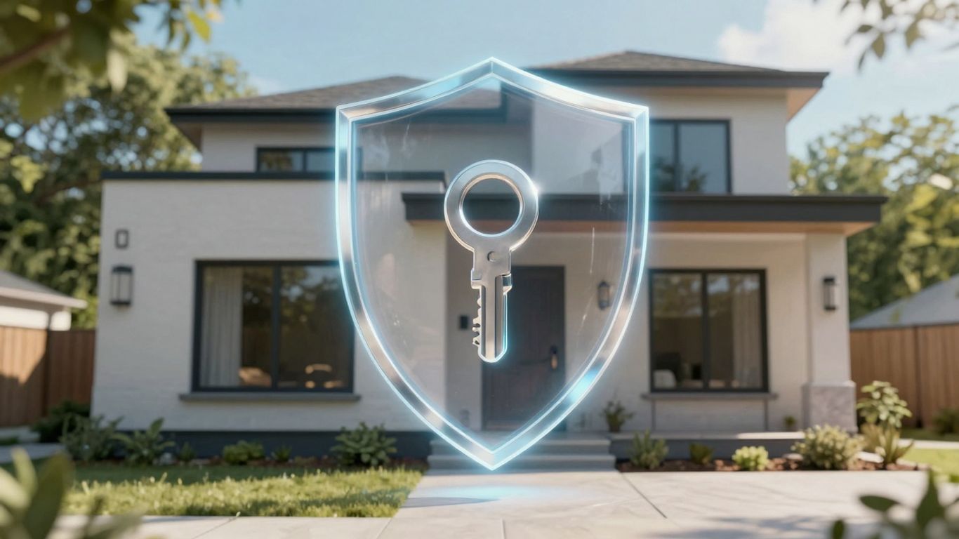 Casa moderna protegida con escudo brillante.