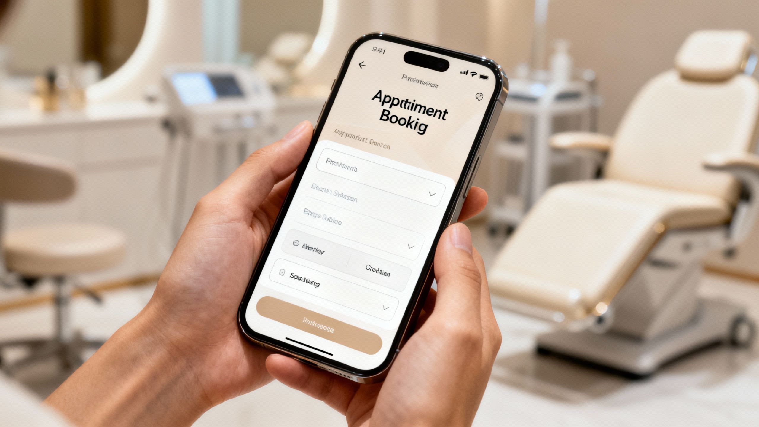 Client booking an appointment on a smartphone in an aesthetic clinic.