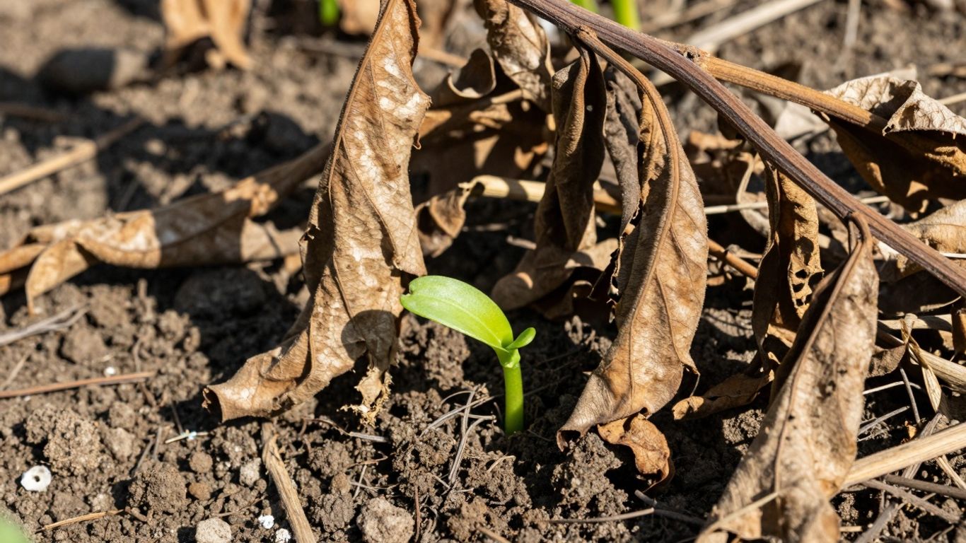 Wilting plant with a new sprout emerging