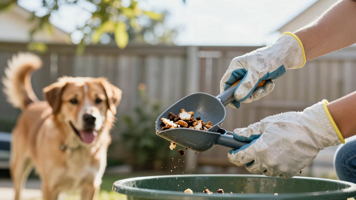 Person cleaning up dog poop in a sunny backyard.