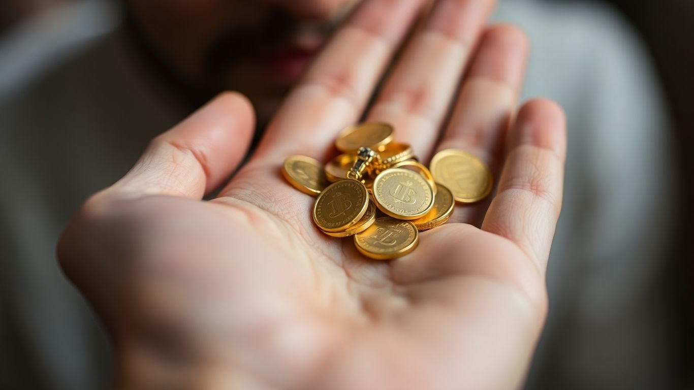 一只手拿着金币和珠宝。