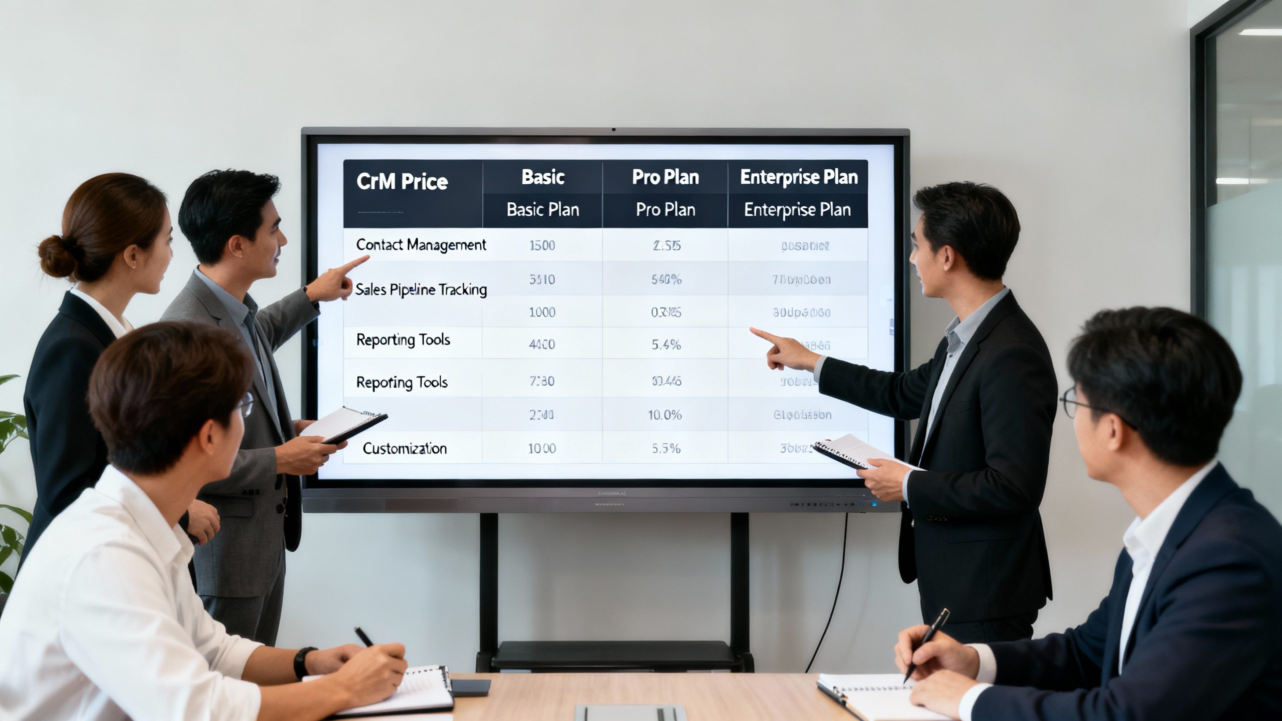 A business team analyzing CRM pricing and feature charts on large screens