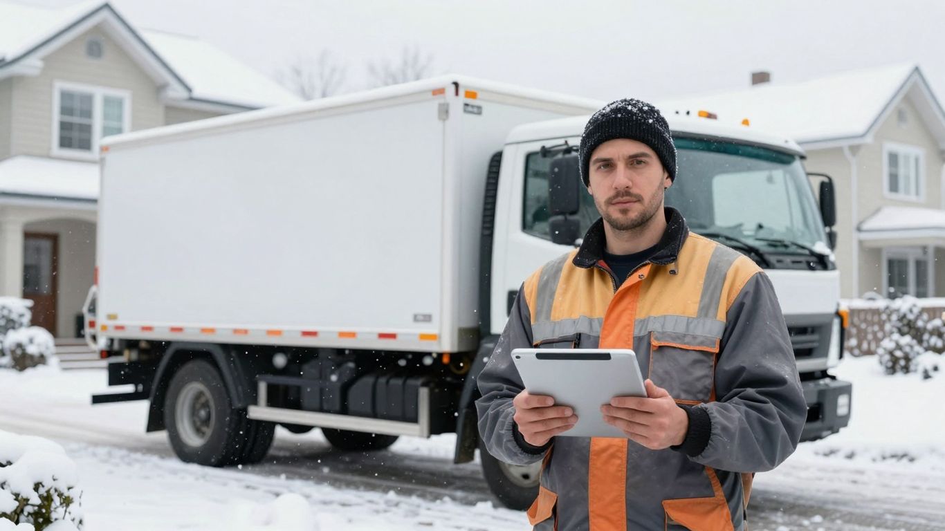 Contractor ready for winter service calls in snowy weather.