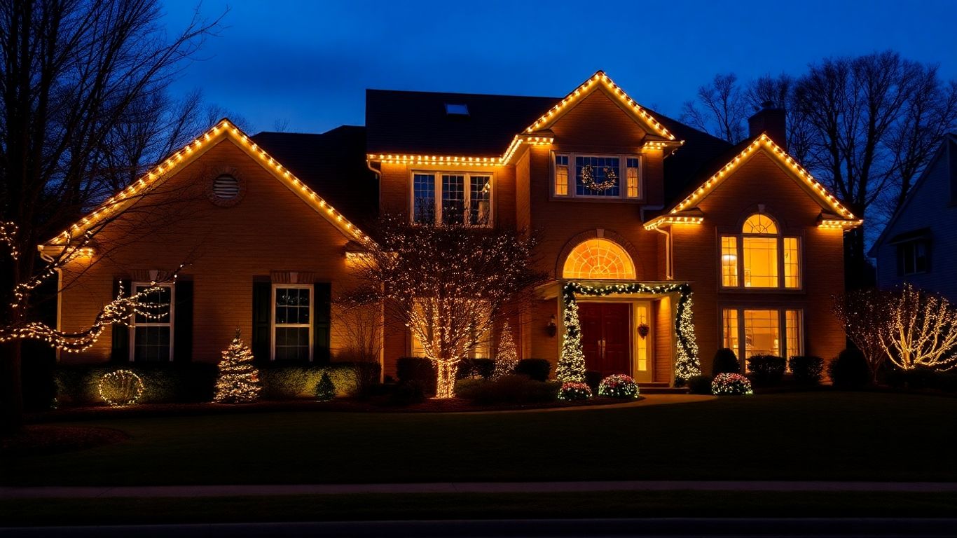 Home with permanent Christmas lights glowing at dusk.