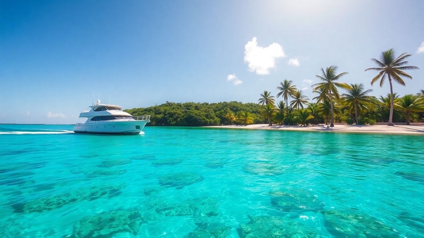 Belize charter boat on turquoise water near island.