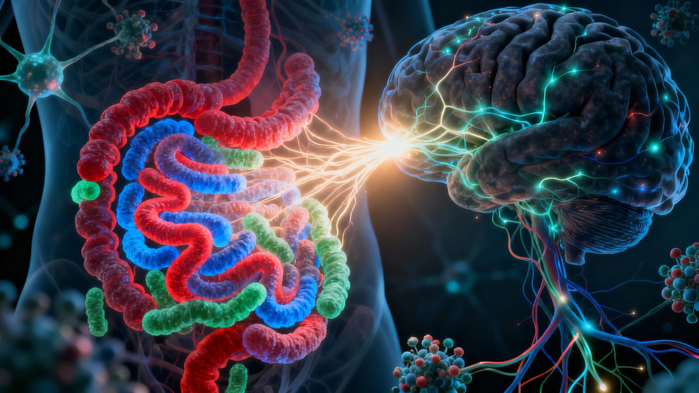 Brain and gut bacteria connection illustration.