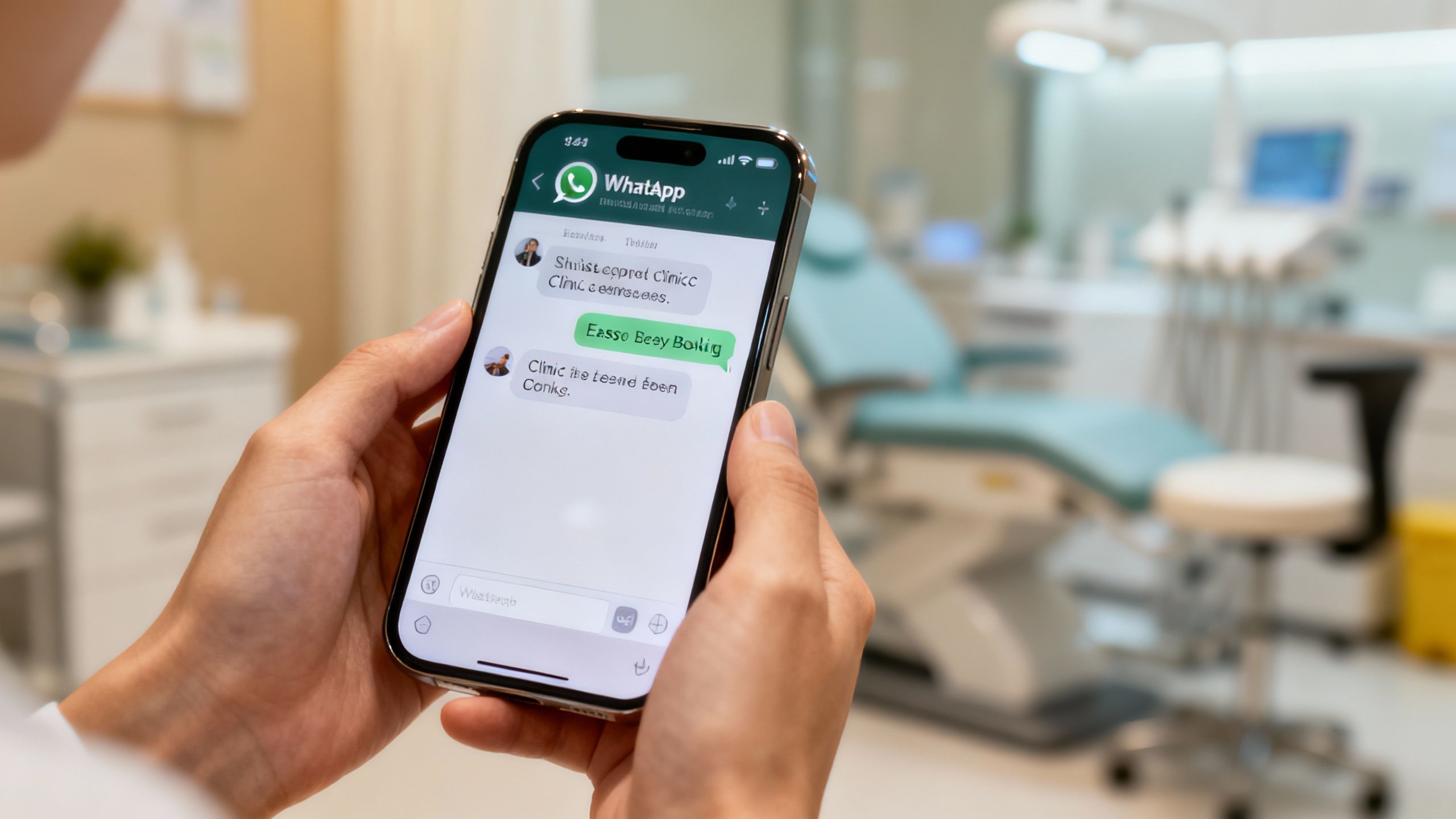 Woman uses WhatsApp on her phone to book a clinic appointment.