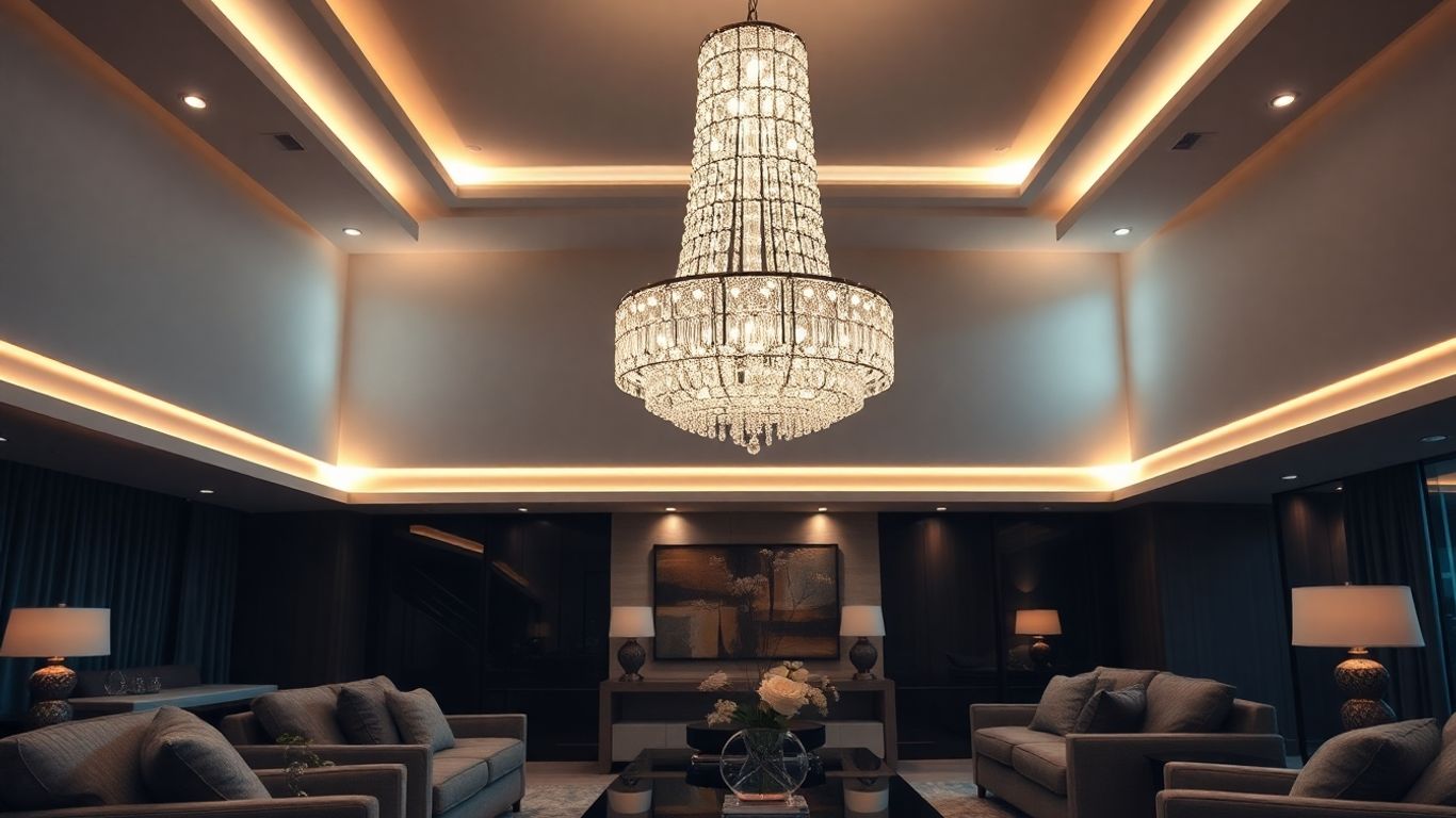 Modern chandelier illuminating a living room