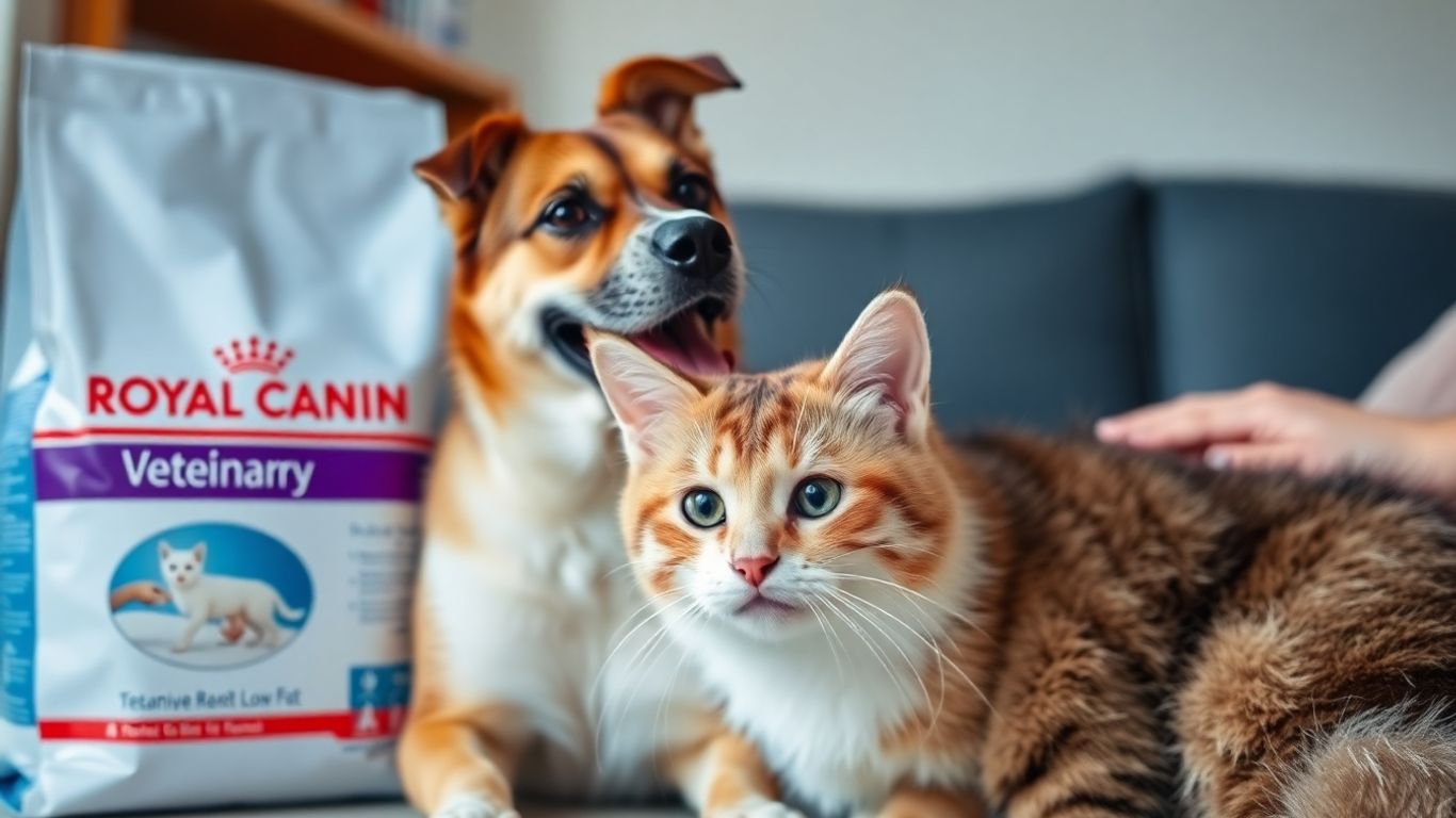 Healthy dog and cat with owner and pet food.