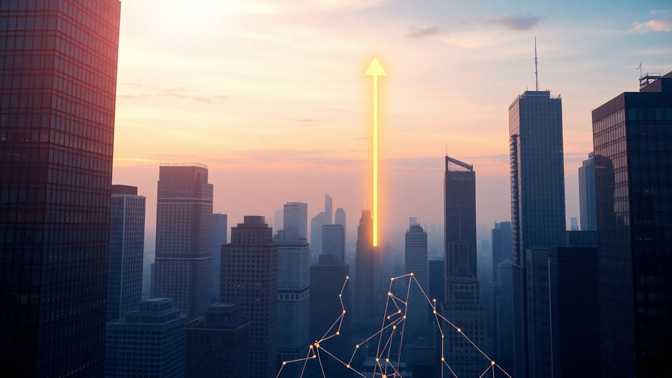 Modern cityscape with digital circuits and upward arrow.