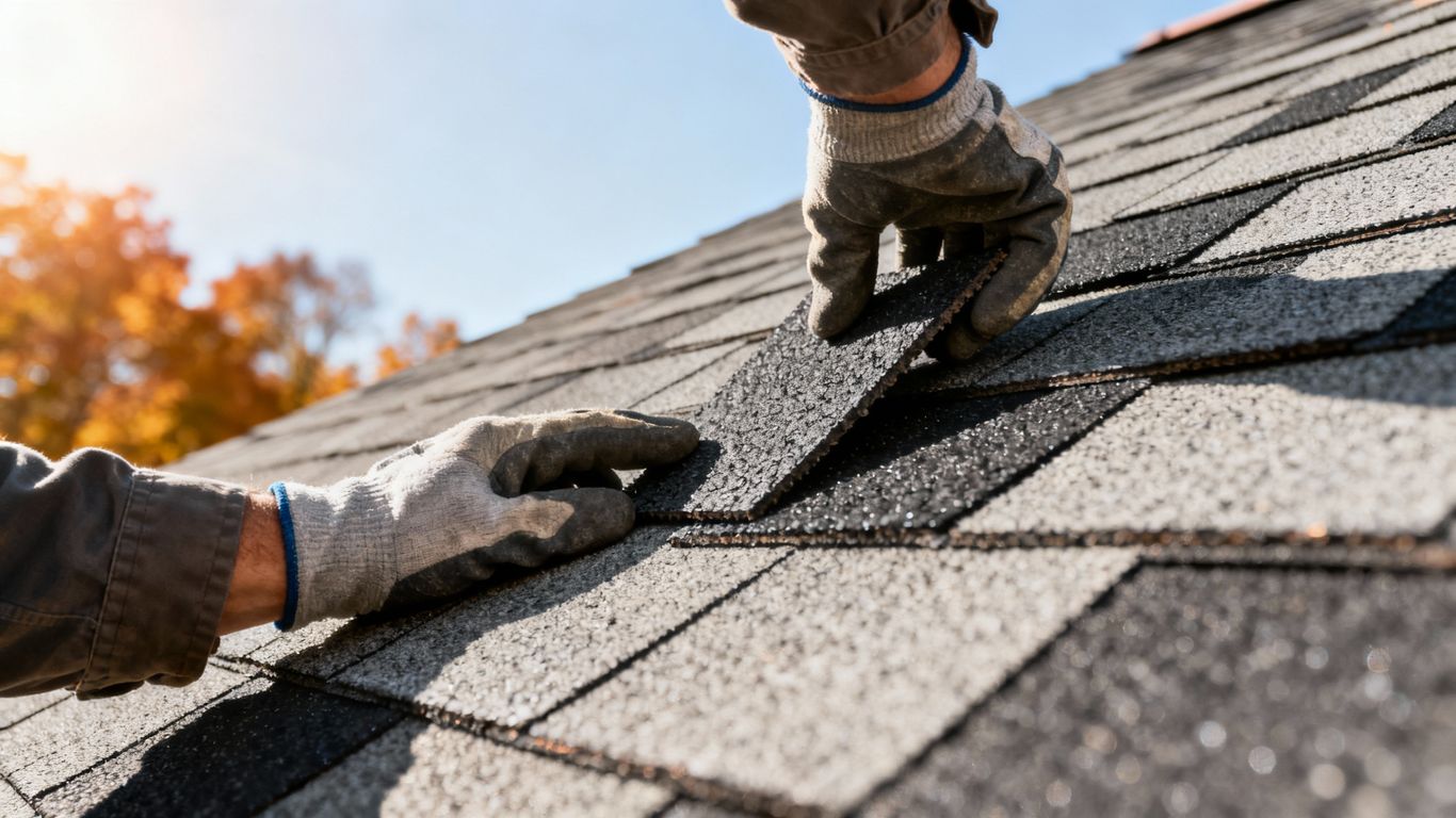 Hands inspecting roof shingles on a house.