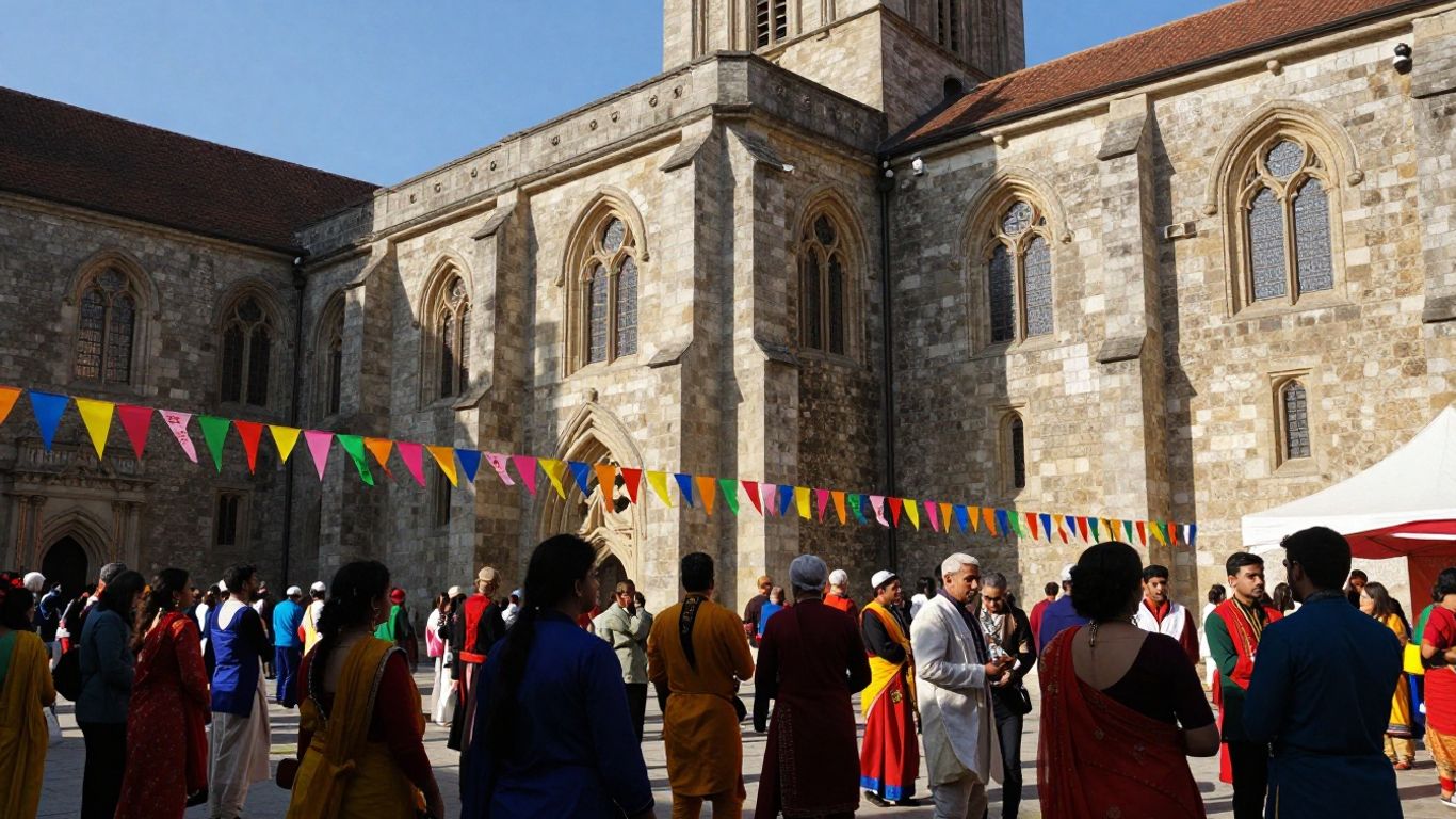 Festliche Veranstaltung im Kloster Walkenried mit Menschen und Bannern.