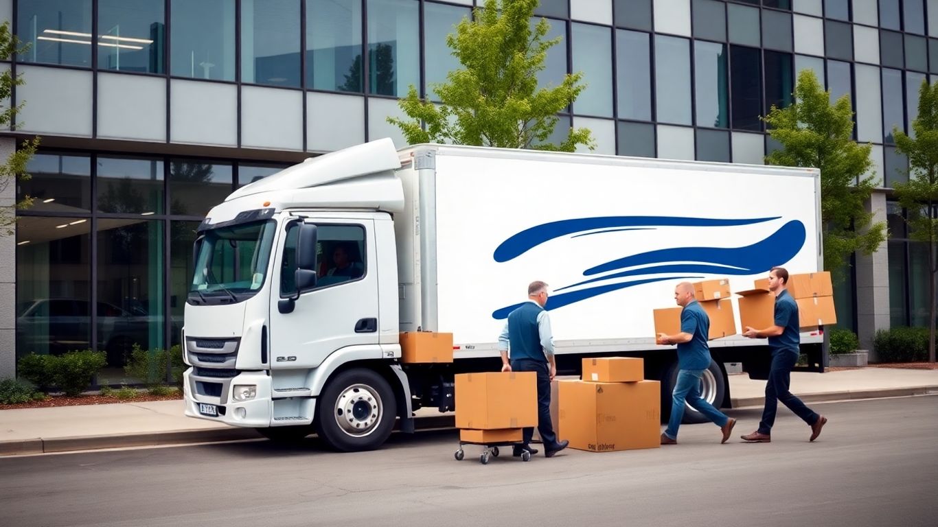 Commercial movers loading a truck outside an office.