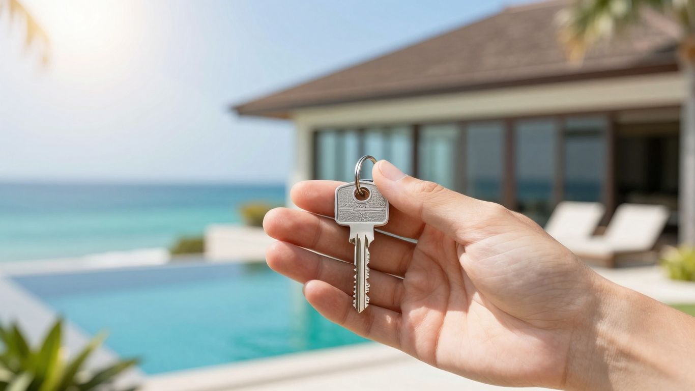 Phuket villa key with ocean backdrop.