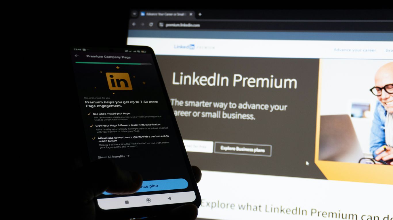 Linkedin premium displayed on phone and computer screen.