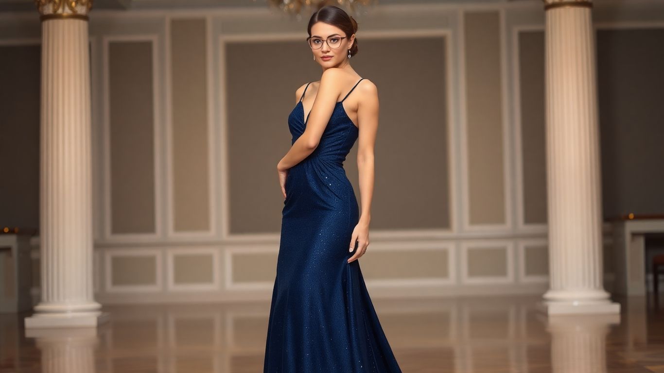 Elegant woman in a navy blue evening gown.