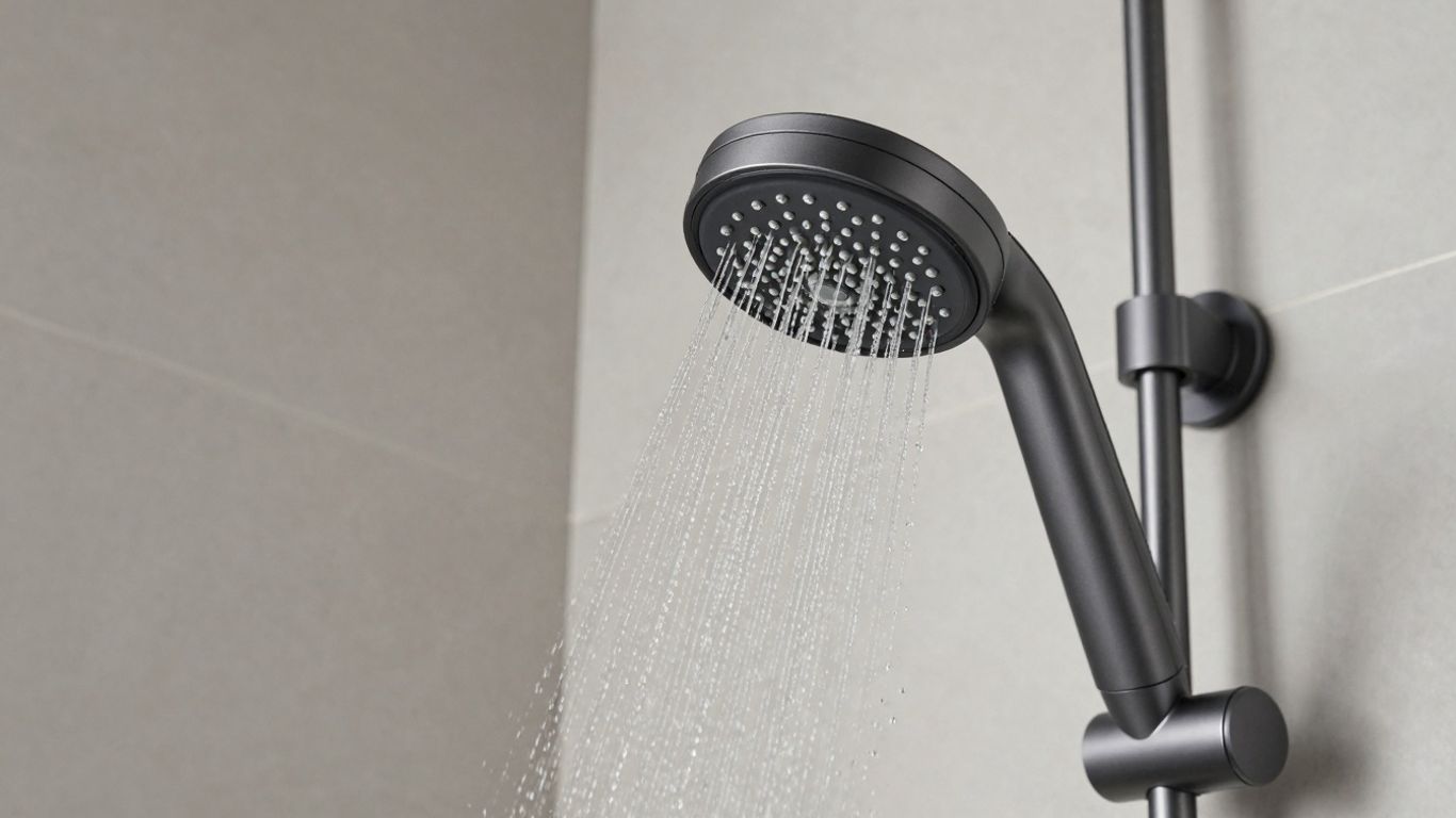 Matte black shower head with water streaming.