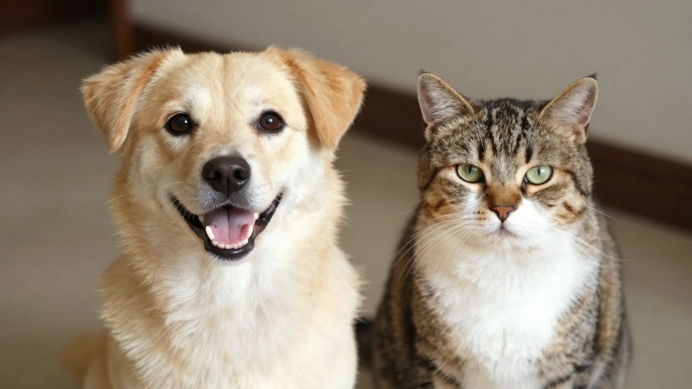 Dog and cat looking at the camera.