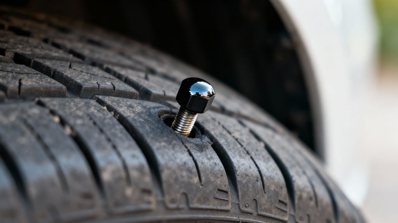 Car tire with a valve cap, slightly deflated.