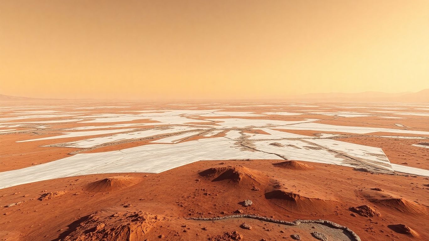 Calottes polaires martiennes et surface rocheuse sous atmosphère légère.