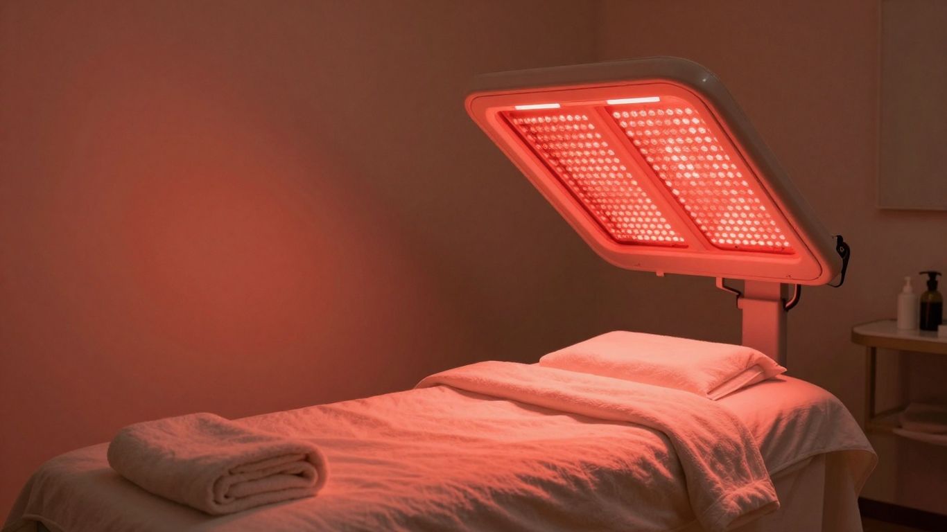 Red light therapy treatment room glowing warmly.
