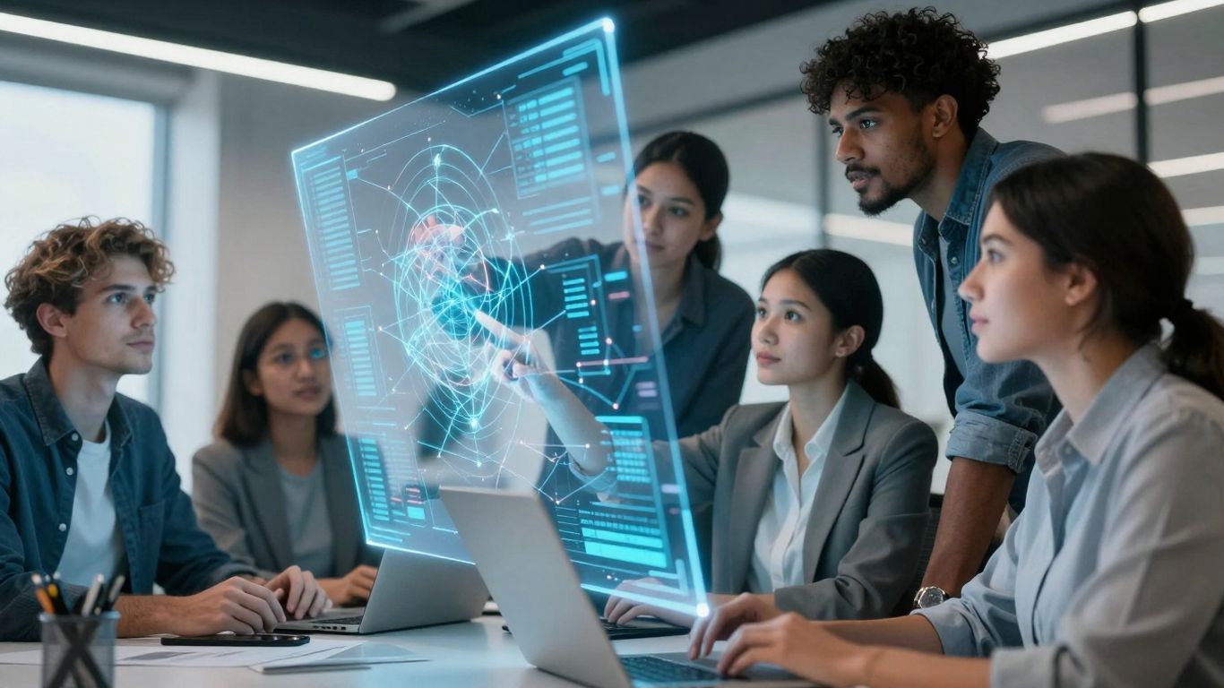 Cybersecurity professionals working with digital interfaces and data.