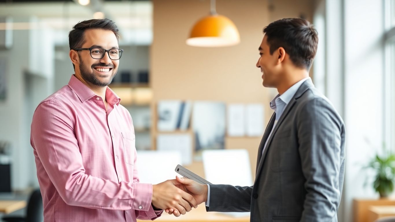 Reclutador y candidato dándose la mano en oficina.