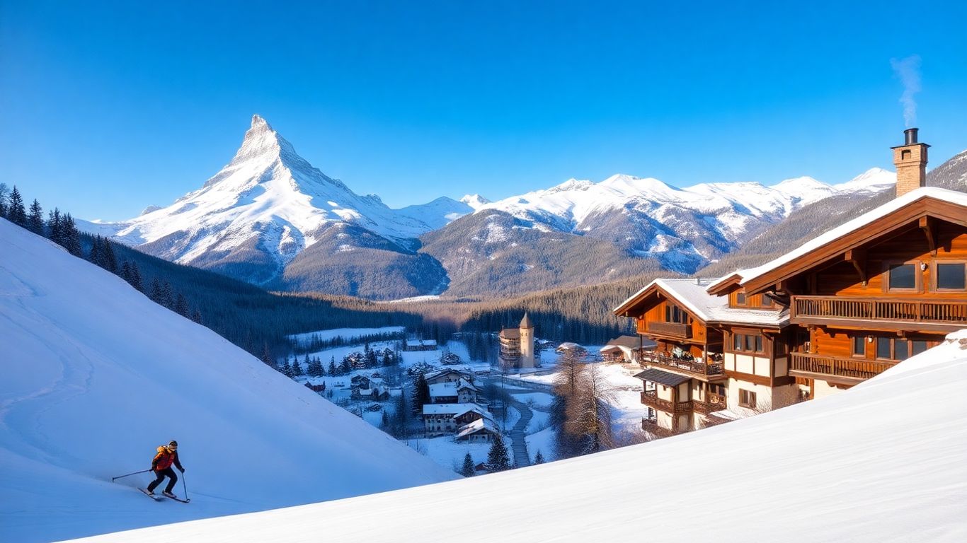 Snowy mountain village with skier on slope.