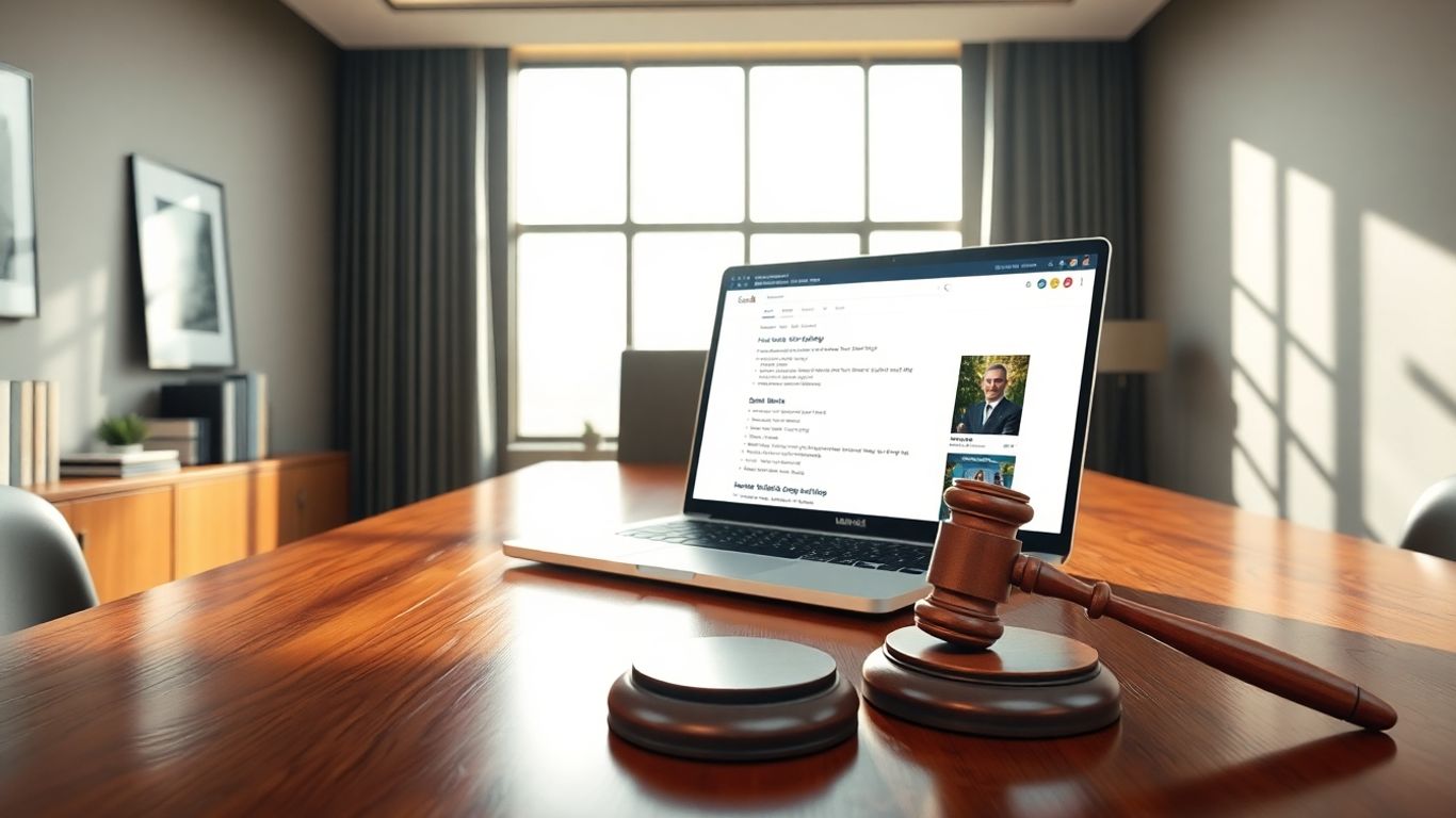 Lawyer's desk with laptop showing search results.