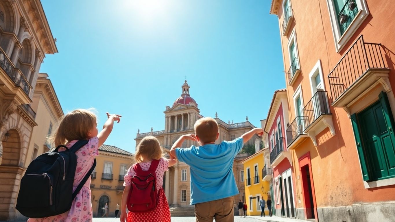 Família explorando a histórica Coimbra com crianças.