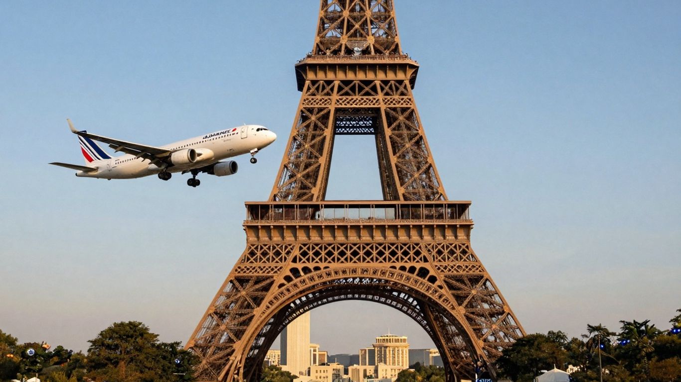 Air France plane flying over Eiffel Tower towards Americas