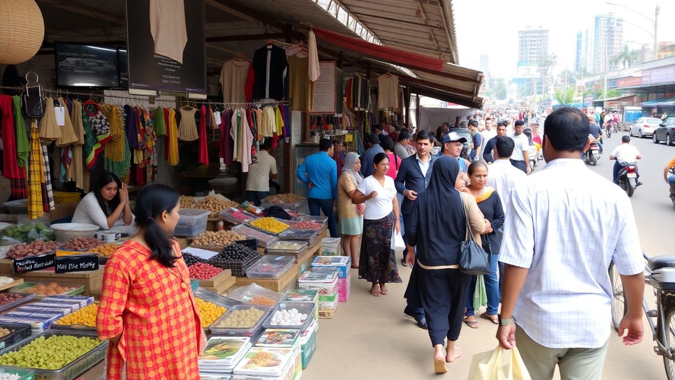 Marché animé avec des gens et des étals de produits.