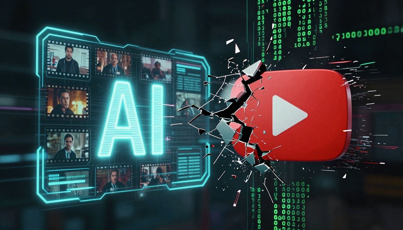 Cracked YouTube logo with AI glitch effects, symbolizing crackdown on fake trailers.