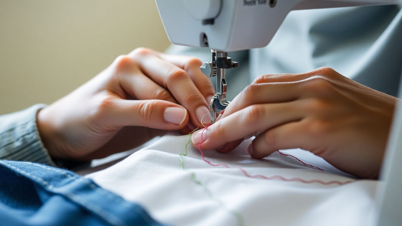 Hands sewing fabric on a sewing machine.